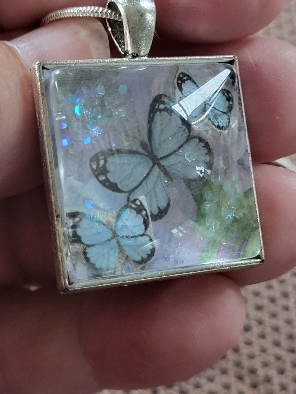 Blue Butterfly Pendant Necklace Under Glass